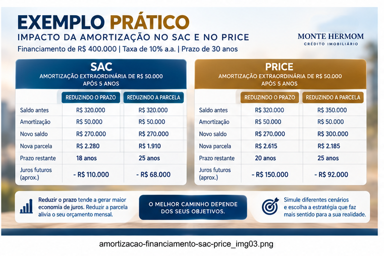 Comparação entre amortização no início e no final do financiamento
