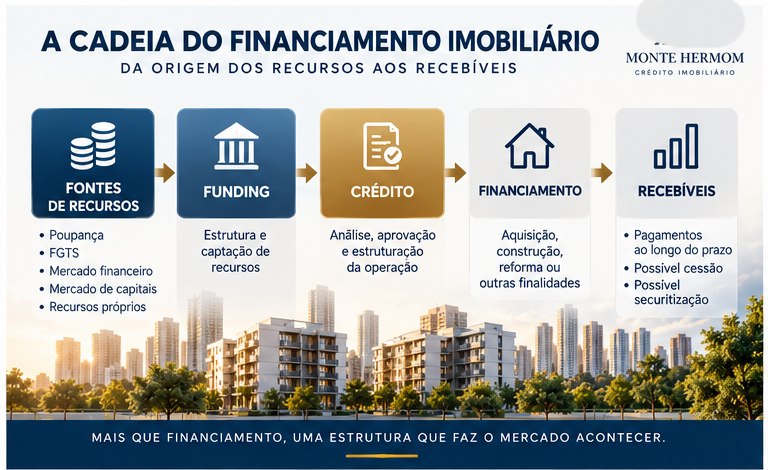 Fluxo entre fontes de recursos, funding, crédito imobiliário, financiamento e recebíveis
