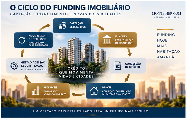 Ciclo completo do funding imobiliário entre captação, financiamento, recebíveis e novos recursos