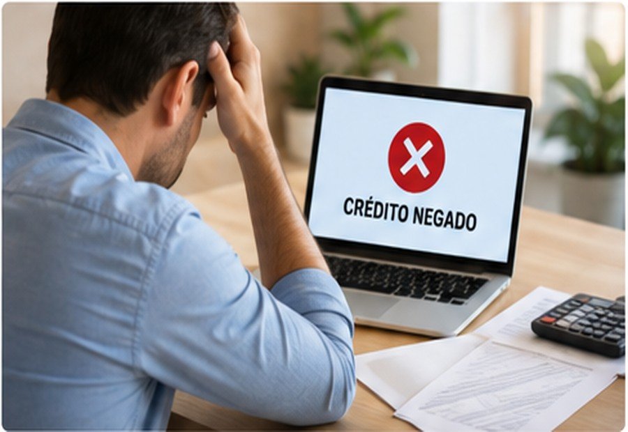 Comprador analisando a resposta negativa de crédito em um computador